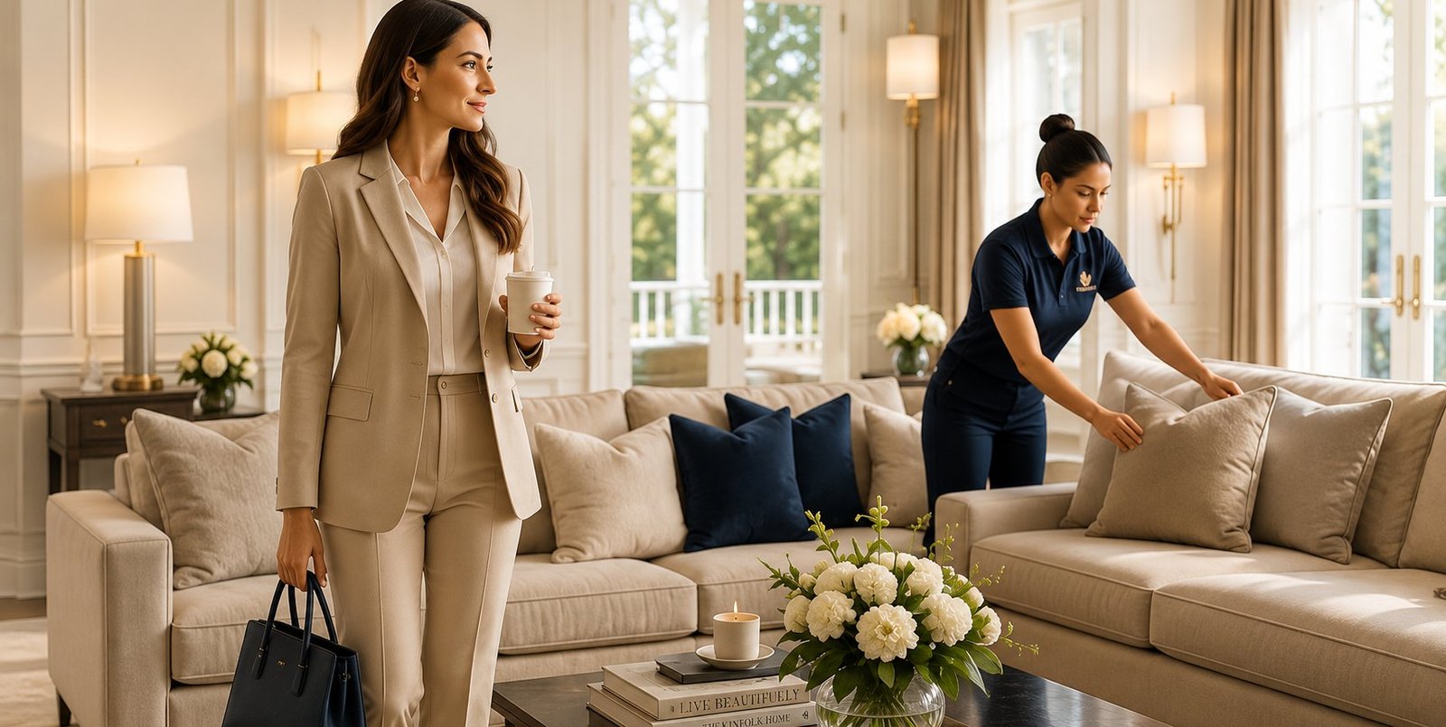 A care professional preparing a family living room